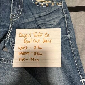 Cowgirl Tuff Co Boot Cut Denim Jeans 27X35 with White Stitching